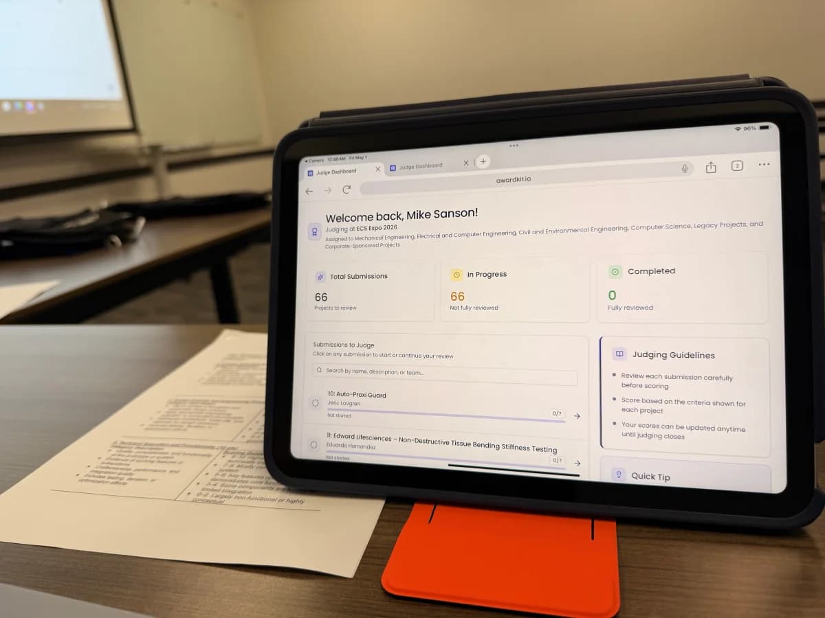 A judge's AwardKit dashboard at ECS Expo 2026: personalized welcome, assigned categories, entries to review, and judging guidelines all visible on one screen