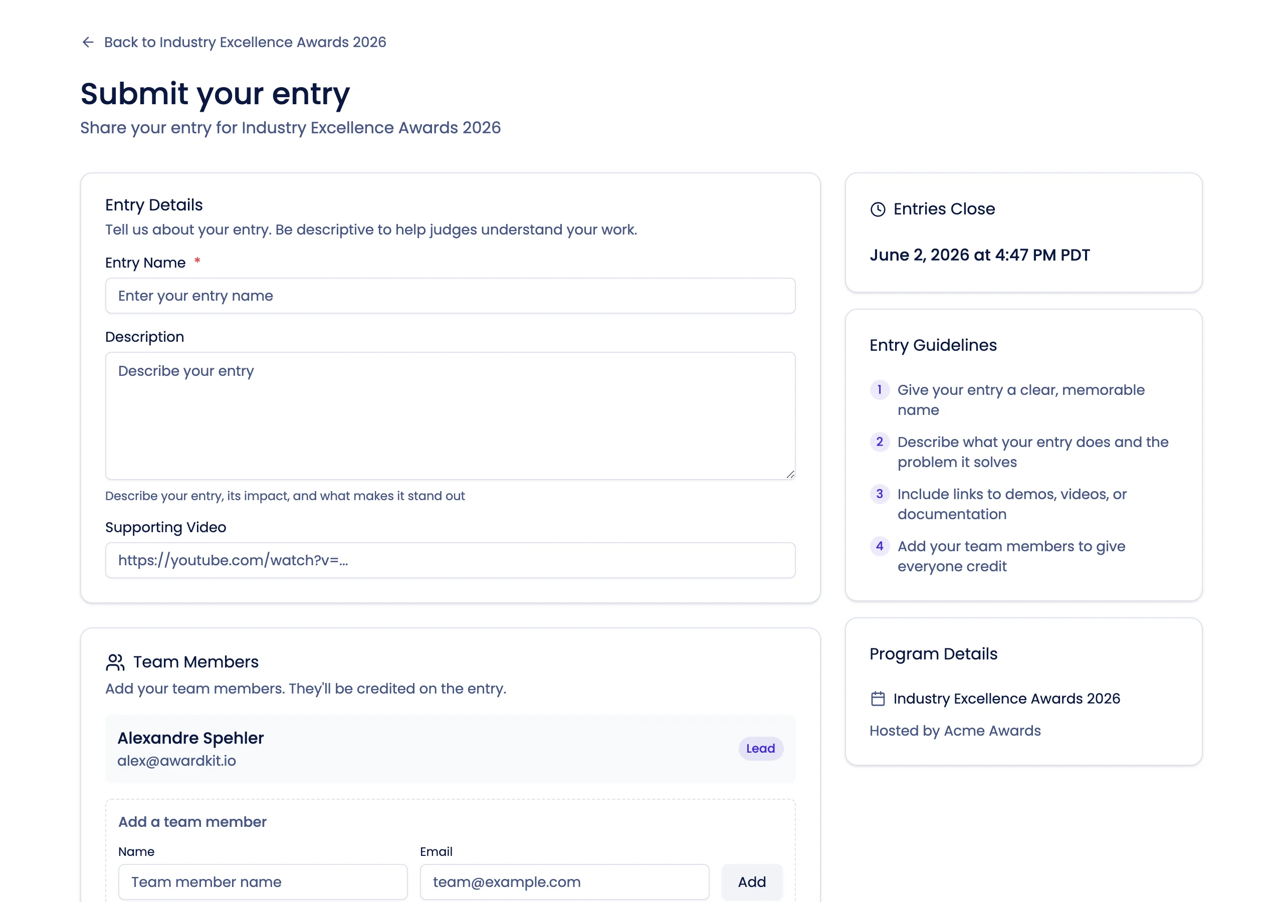 Entry submission form with custom fields, team members, and program deadline