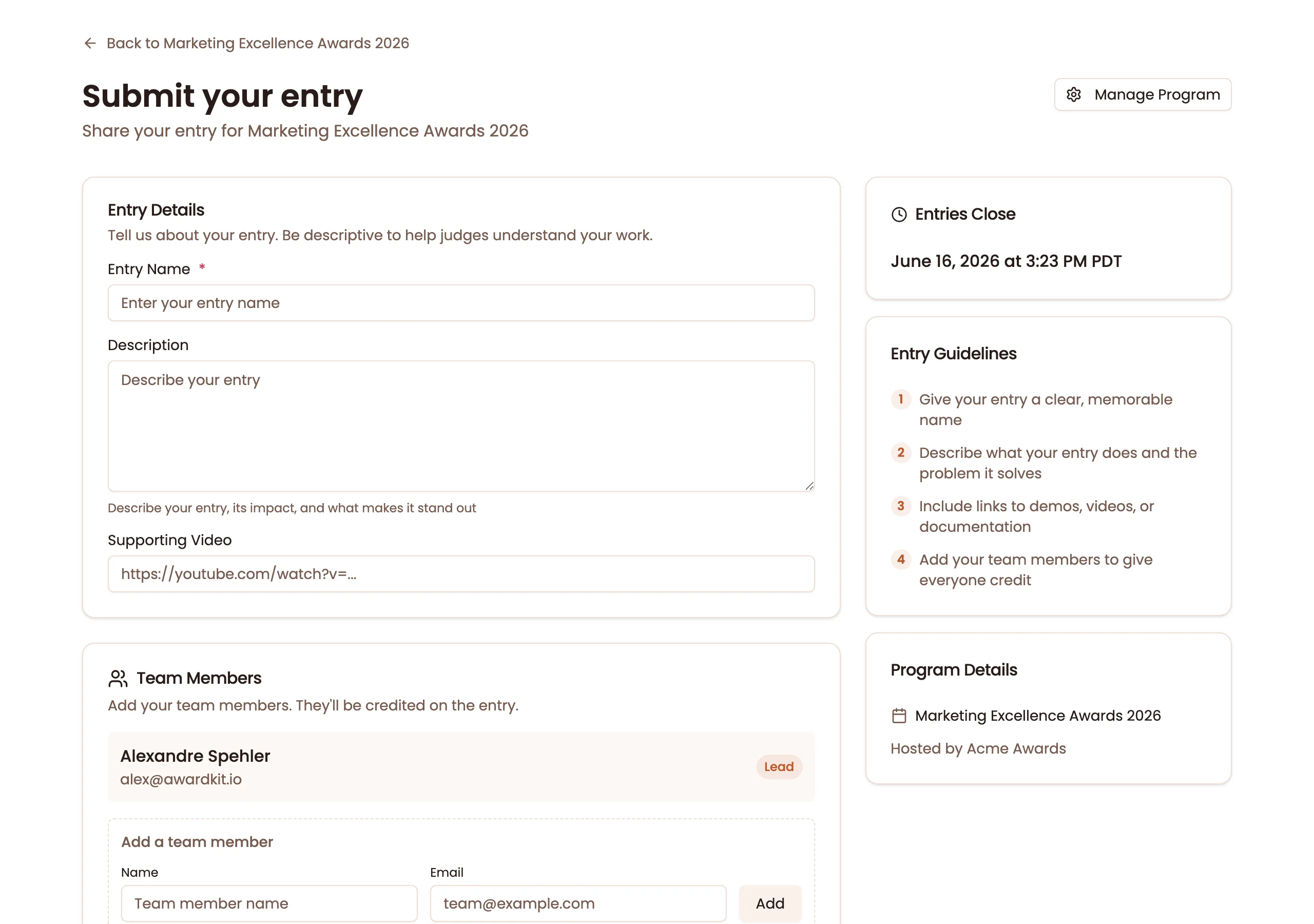 Entry submission form with custom fields, team members, and program deadline