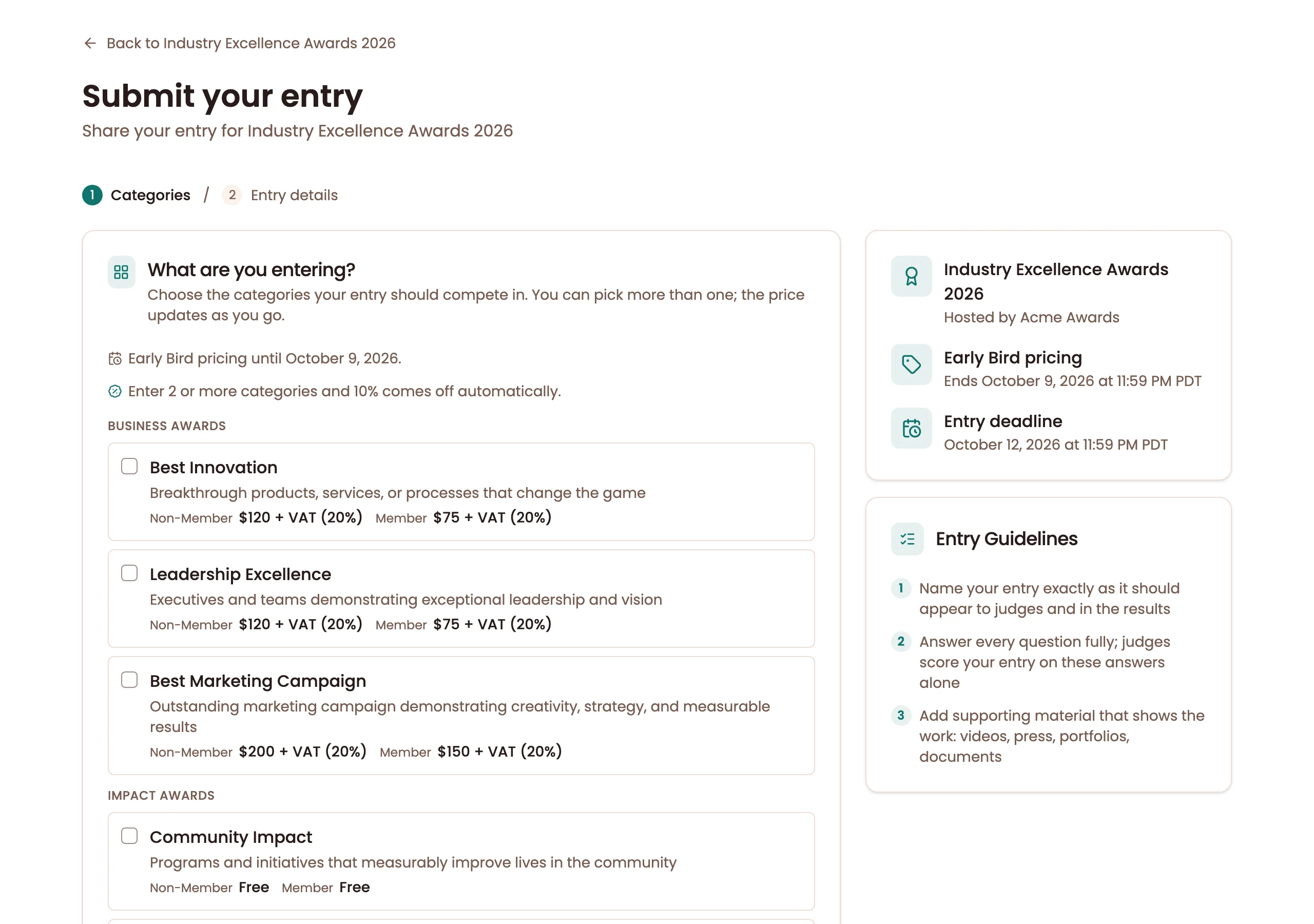 Entry form showing categories with member and non-member prices, early-bird and multi-entry offers, and the entry guidelines