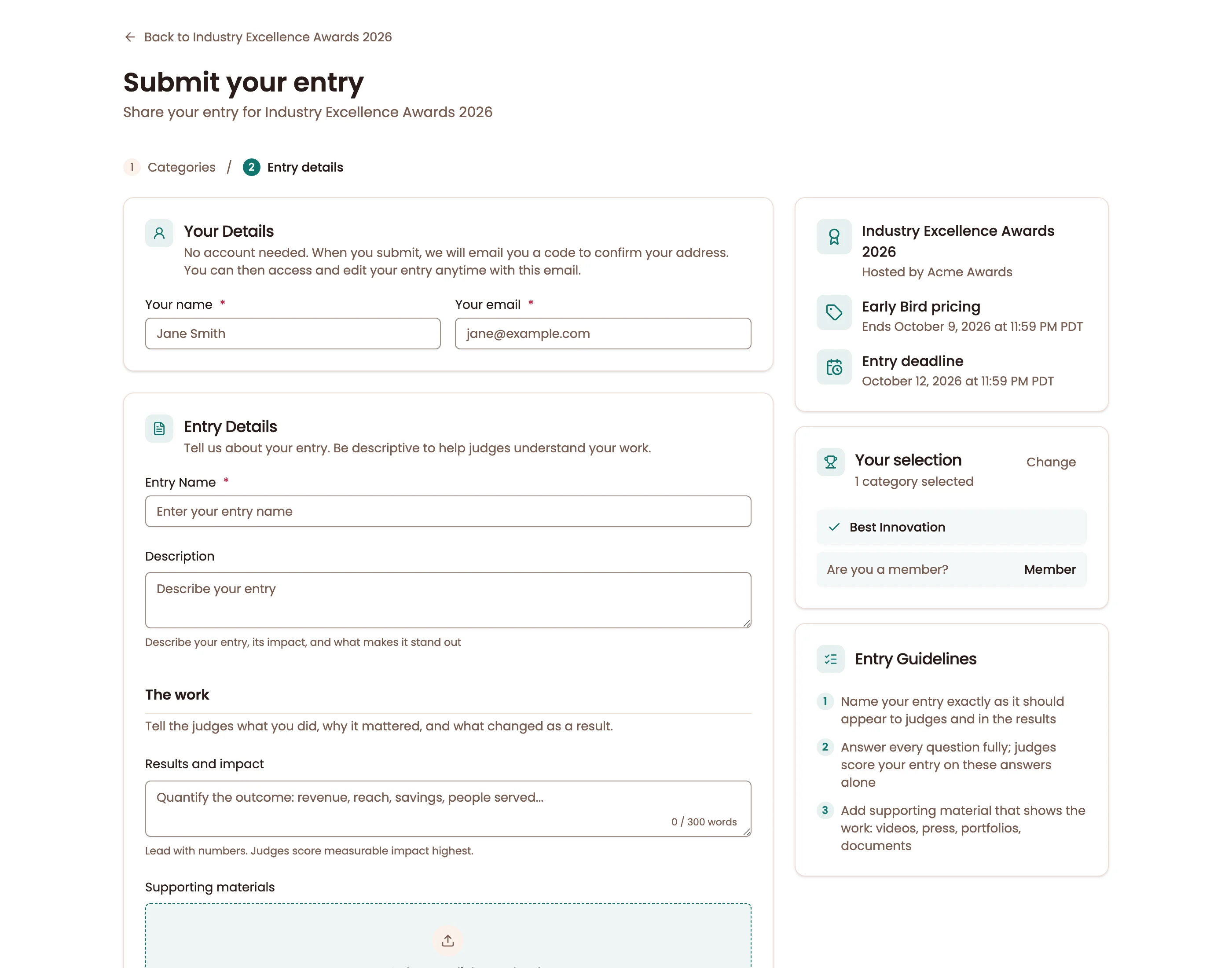 AwardKit entry form for a design competition, with entry details, the work, and supporting materials
