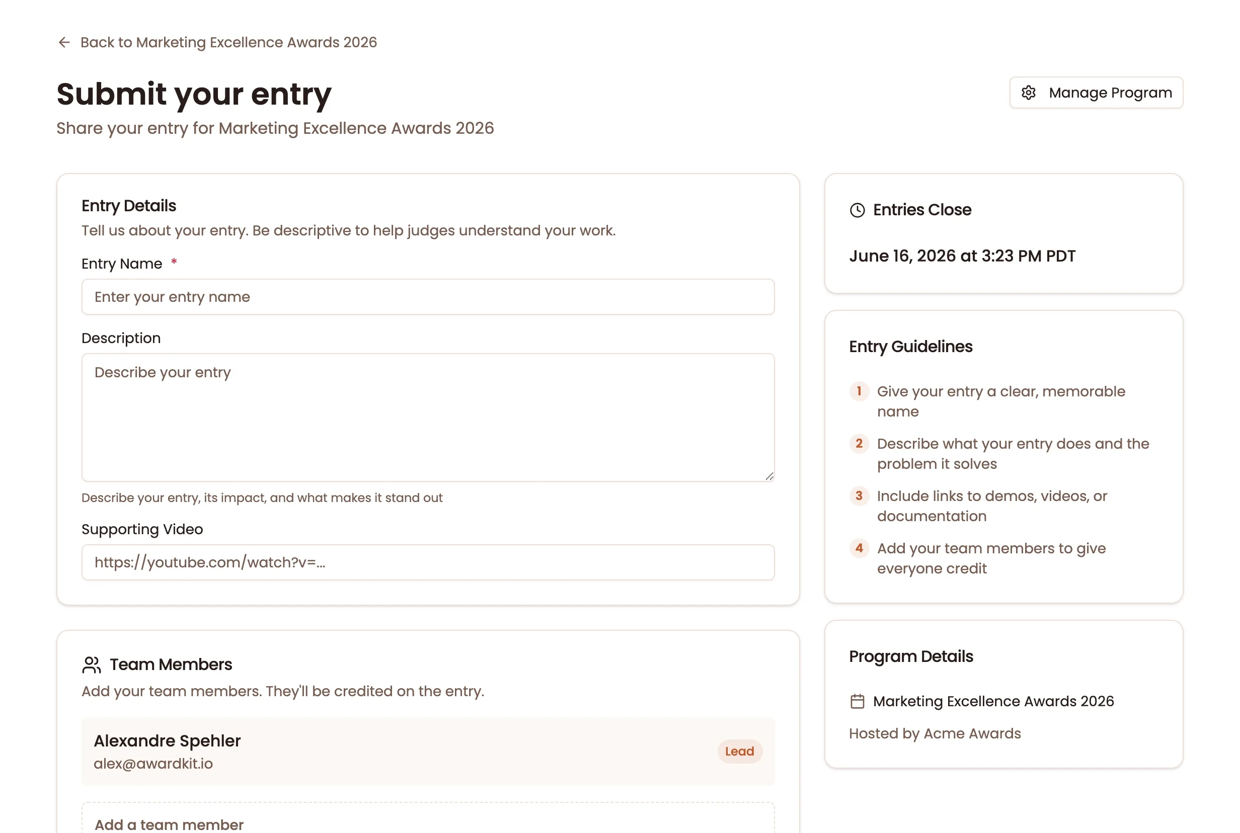 AwardKit entry submission form with project details, supporting media, and team members