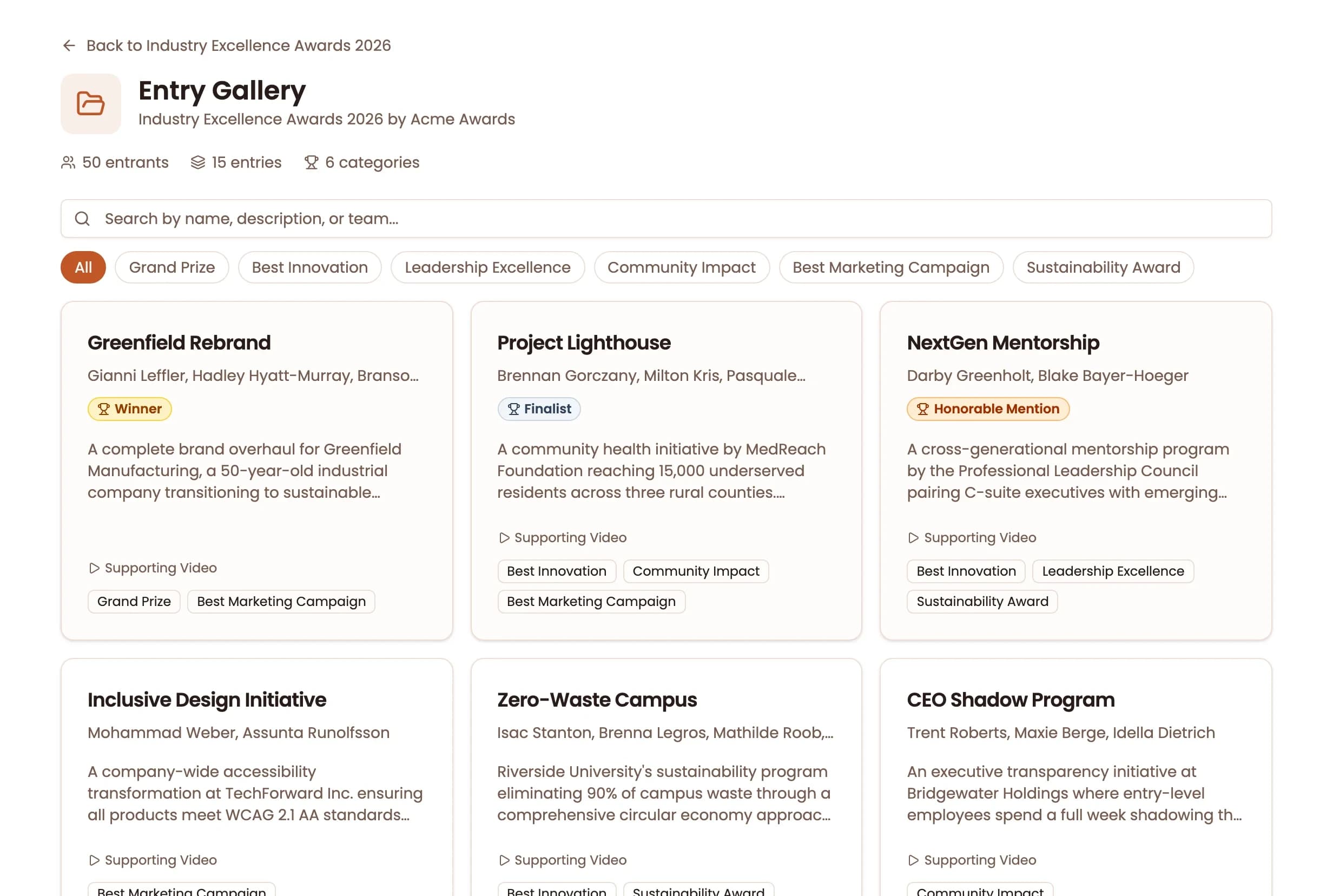 AwardKit public entry gallery for a creative awards program, with category filters and winner badges