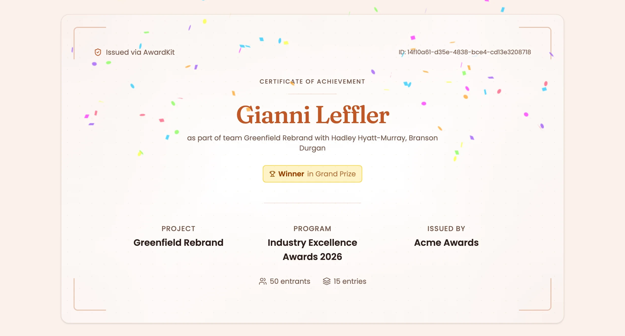 AwardKit certificate of achievement issued to an honoree, with a public verification ID