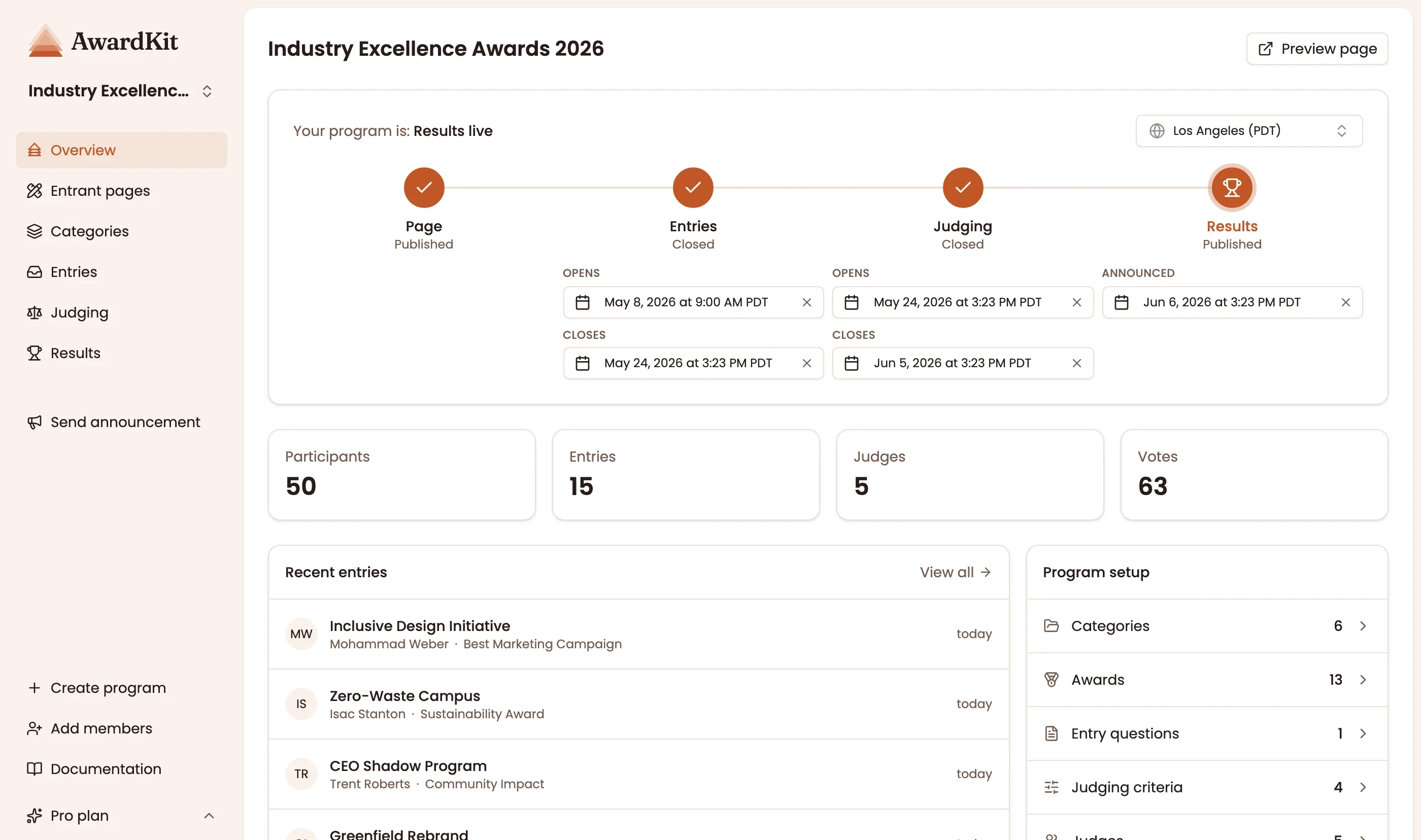 AwardKit organizer dashboard with a program timeline, entry and judge stats, and recent entries