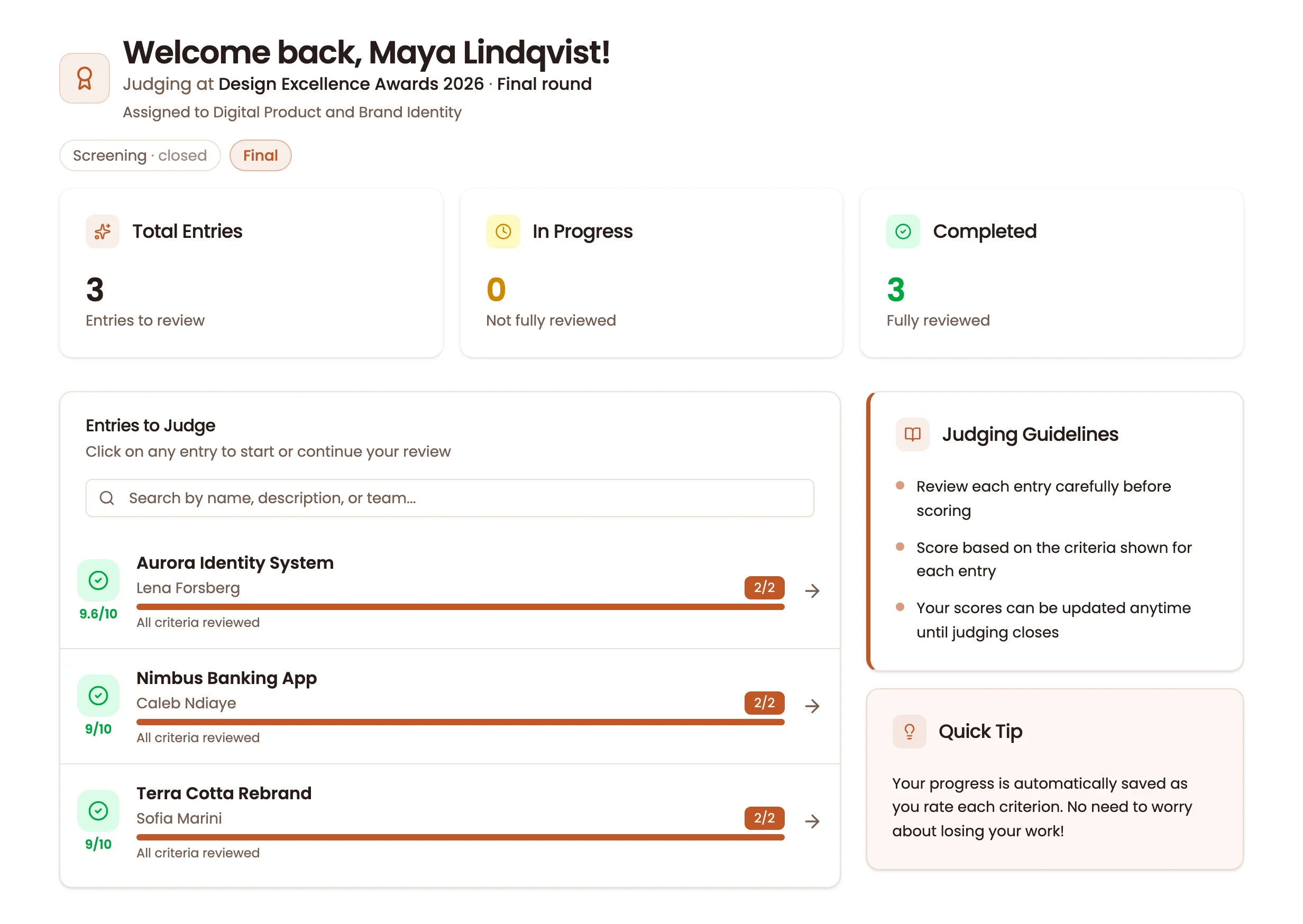 AwardKit judge dashboard showing a judge’s assigned entries, review progress, and scores